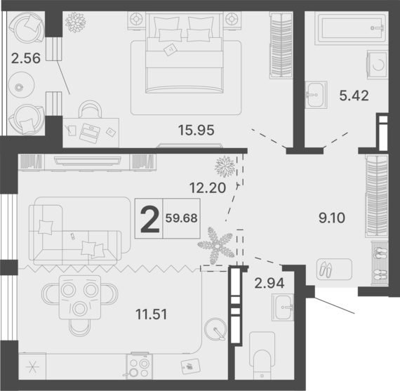 2-комнатная квартира №384 59,68 м2 от застройщика ГК ТОЧНО