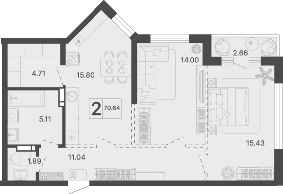 2-комнатная квартира №430 70,64 м2 от застройщика ГК ТОЧНО