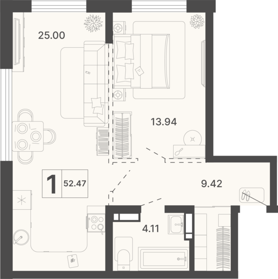 1-комнатная квартира №431 52,47 м2 от застройщика ГК ТОЧНО