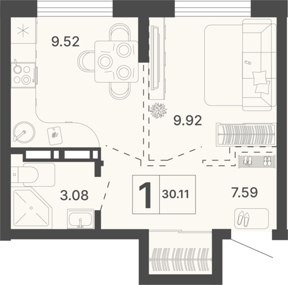 1-комнатная квартира №88 30,11 м2 от застройщика ГК ТОЧНО