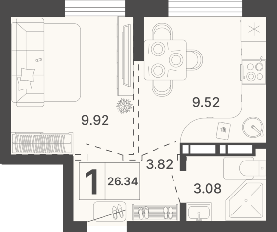 1-комнатная квартира №235 26,34 м2 от застройщика ГК ТОЧНО