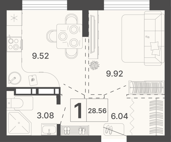 1-комнатная квартира №180 28,56 м2 от застройщика ГК ТОЧНО