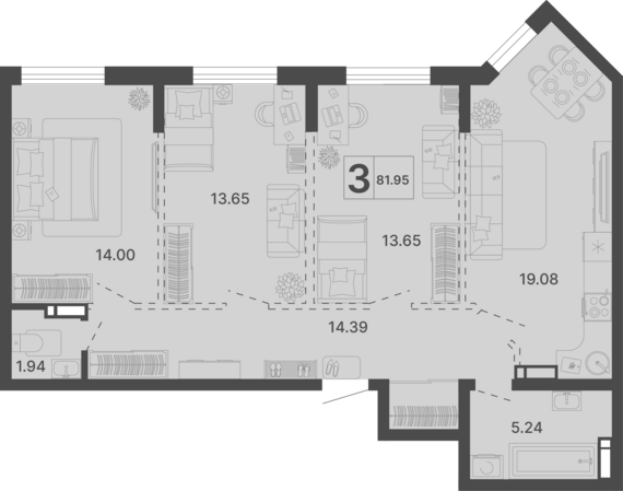 3-комнатная квартира №295 81,95 м2 от застройщика ГК ТОЧНО