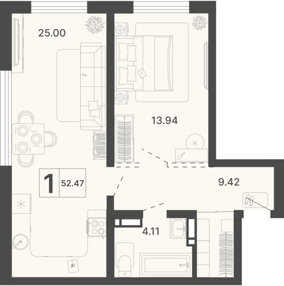 1-комнатная квартира №335 52,47 м2 от застройщика ГК ТОЧНО