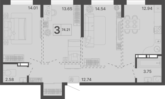 3-комнатная квартира №131 74,21 м2 от застройщика ГК ТОЧНО