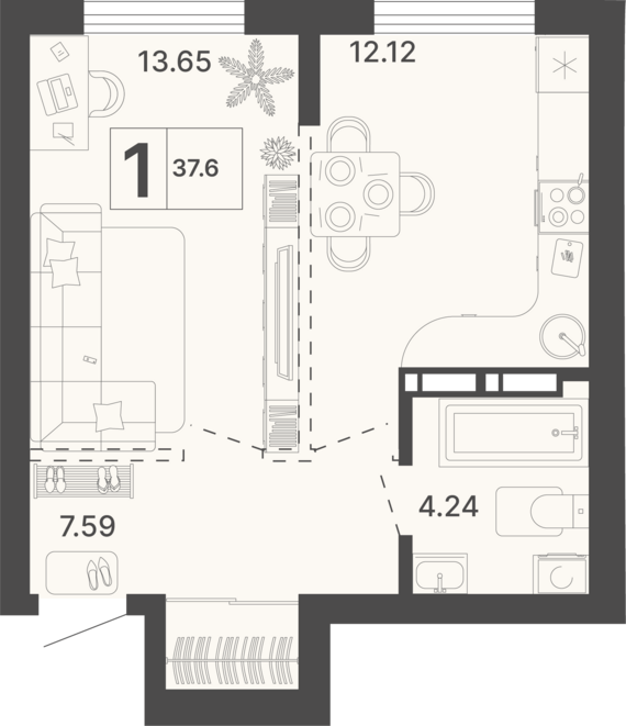 1-комнатная квартира №87 37,6 м2 от застройщика ГК ТОЧНО