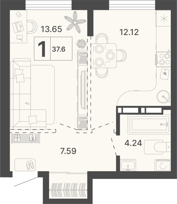 1-комнатная квартира №258 37,6 м2 от застройщика ГК ТОЧНО