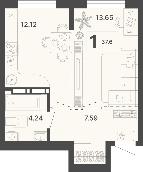 1-комнатная квартира №263 37,6 м2 от застройщика ГК ТОЧНО