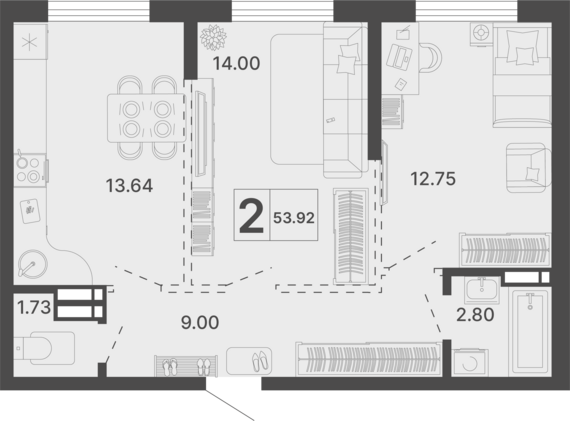 2-комнатная квартира №188 53,92 м2 от застройщика ГК ТОЧНО