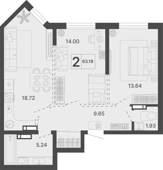 2-комнатная квартира №390 63,18 м2 от застройщика ГК ТОЧНО