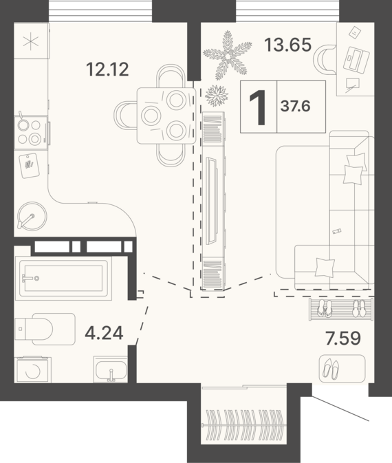 1-комнатная квартира №423 37,6 м2 от застройщика ГК ТОЧНО