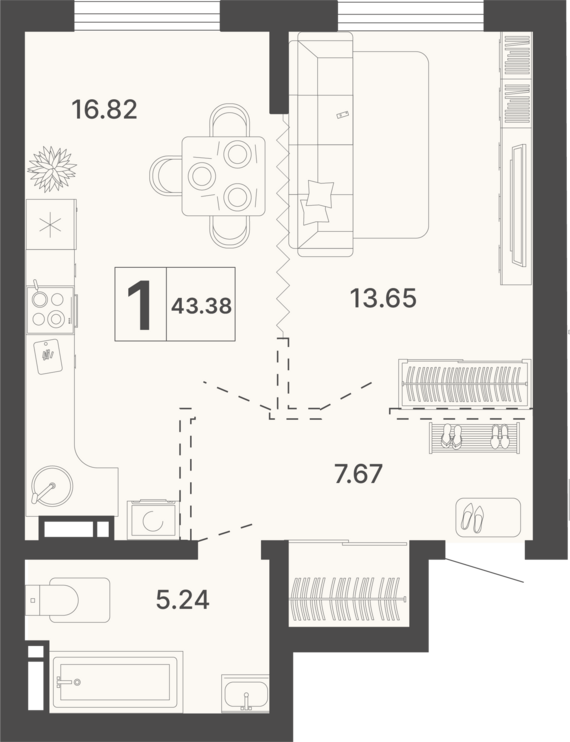 1-комнатная квартира №540 43,38 м2 от застройщика ГК ТОЧНО