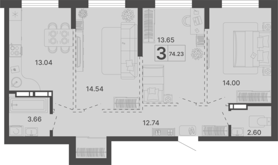 3-комнатная квартира №544 74,23 м2 от застройщика ГК ТОЧНО