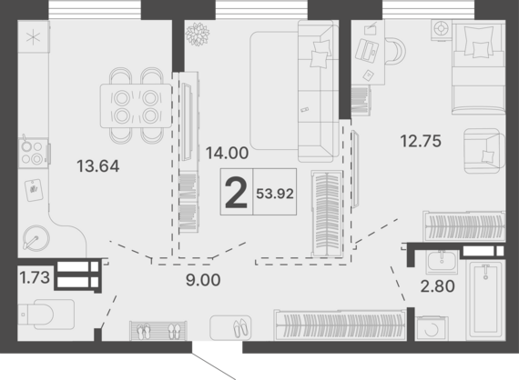 2-комнатная квартира №451 53,92 м2 от застройщика ГК ТОЧНО