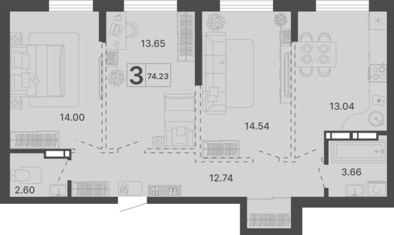 3-комнатная квартира №473 74,23 м2 от застройщика ГК ТОЧНО