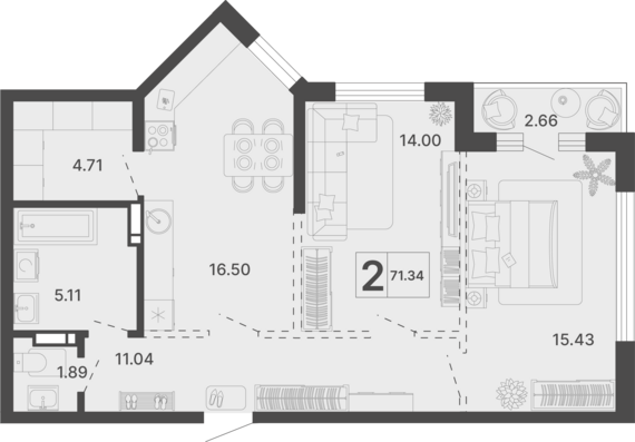 2-комнатная квартира №612 71,34 м2 от застройщика ГК ТОЧНО