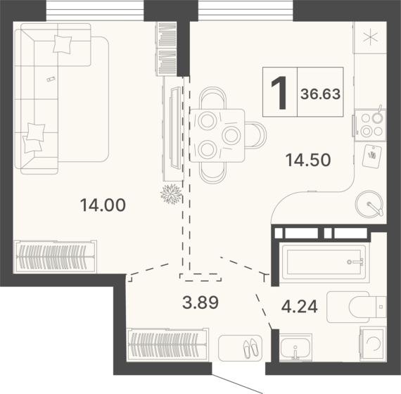 1-комнатная квартира №656 36,63 м2 от застройщика ГК ТОЧНО