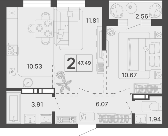 2-комнатная квартира №546 47,49 м2 от застройщика ГК ТОЧНО