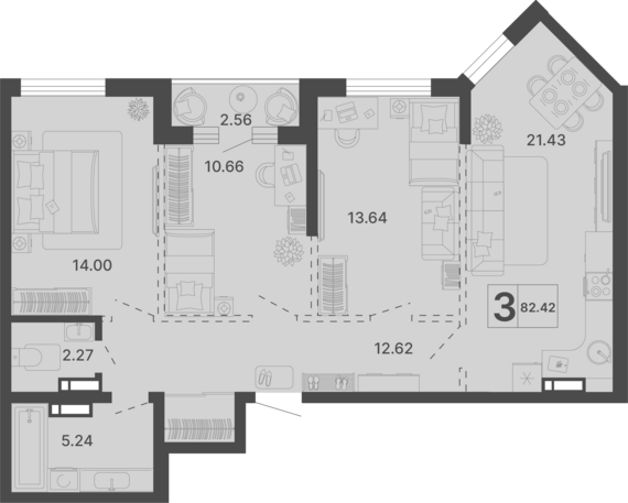 3-комнатная квартира №562 82,42 м2 от застройщика ГК ТОЧНО