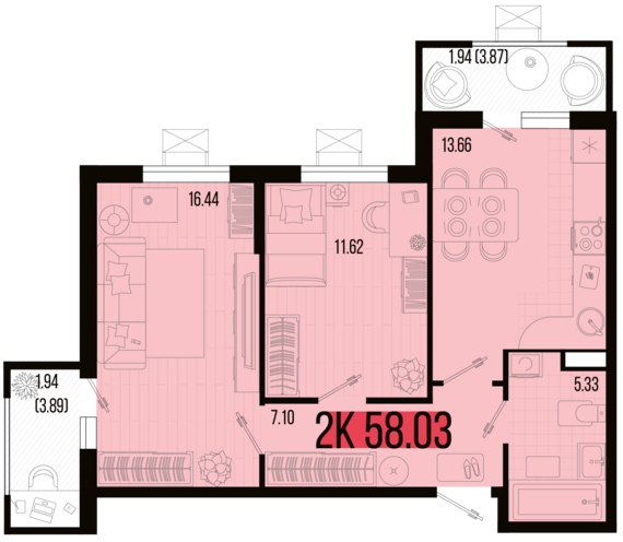 2-комнатная квартира №2 58,03 м2 от застройщика ГК ТОЧНО