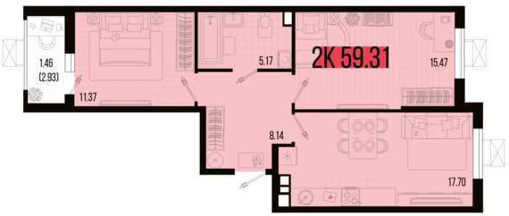 2-комнатная квартира №6 59,31 м2 от застройщика ГК ТОЧНО