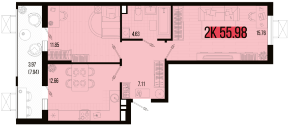 2-комнатная квартира №73 55,98 м2 от застройщика ГК ТОЧНО