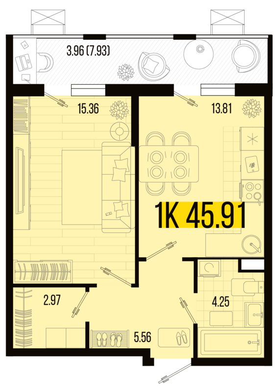 1-комнатная квартира №4 45,91 м2 от застройщика ГК ТОЧНО