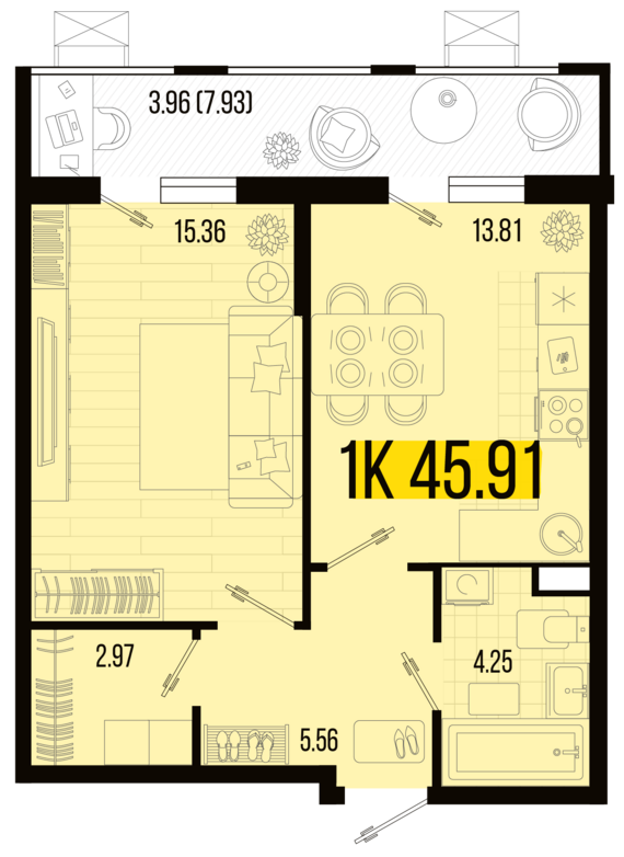 1-комнатная квартира №61 45,91 м2 от застройщика ГК ТОЧНО