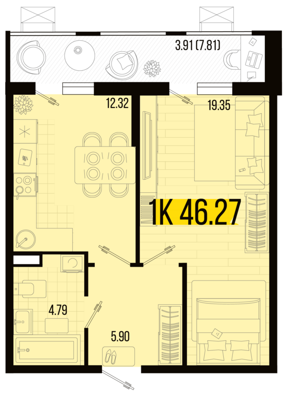 1-комнатная квартира №60 46,27 м2 от застройщика ГК ТОЧНО