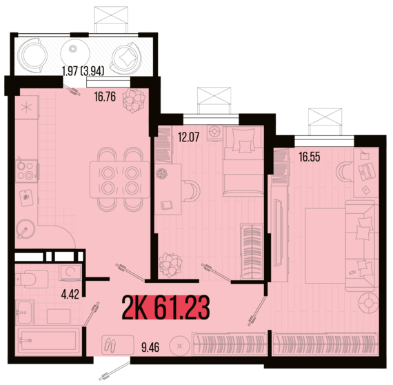 2-комнатная квартира №66 61,23 м2 от застройщика ГК ТОЧНО