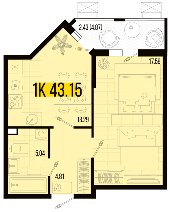 1-комнатная квартира №110 43,15 м2 от застройщика ГК ТОЧНО