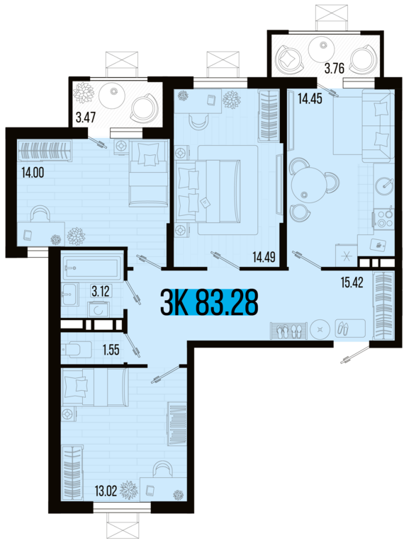 3-комнатная квартира №18 83,28 м2 от застройщика ГК ТОЧНО