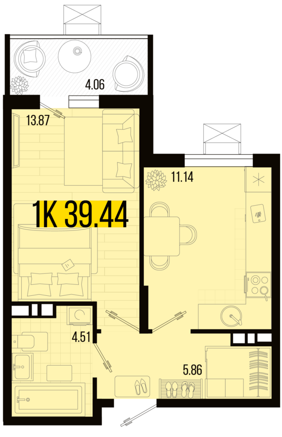1-комнатная квартира №14 39,44 м2 от застройщика ГК ТОЧНО