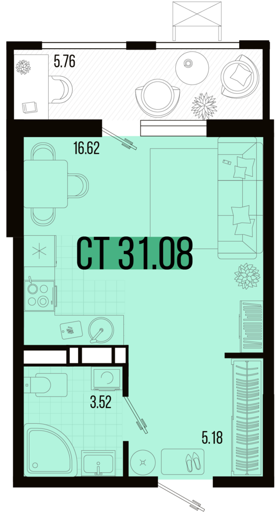Студия №16 31,08 м2 от застройщика ГК ТОЧНО