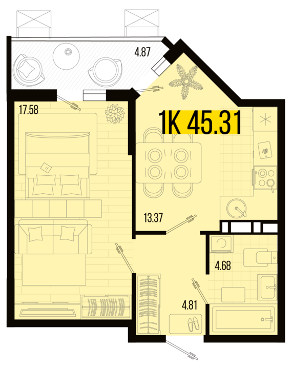 1-комнатная квартира №44 45,31 м2 от застройщика ГК ТОЧНО