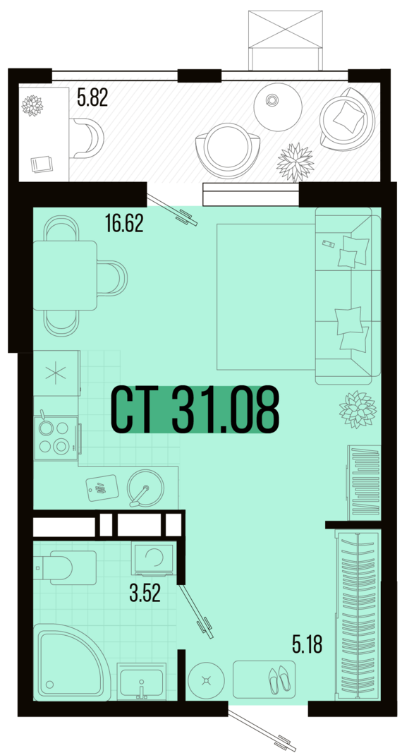 Студия №52 31,08 м2 от застройщика ГК ТОЧНО