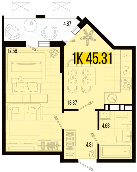 1-комнатная квартира №53 45,31 м2 от застройщика ГК ТОЧНО