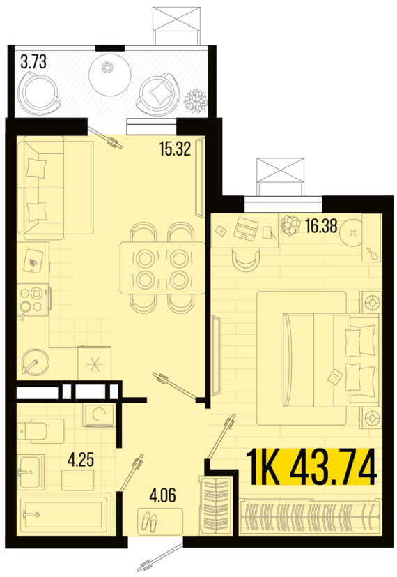 1-комнатная квартира №68 43,74 м2 от застройщика ГК ТОЧНО
