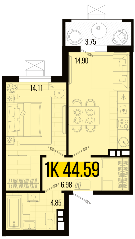 1-комнатная квартира №90 44,59 м2 от застройщика ГК ТОЧНО