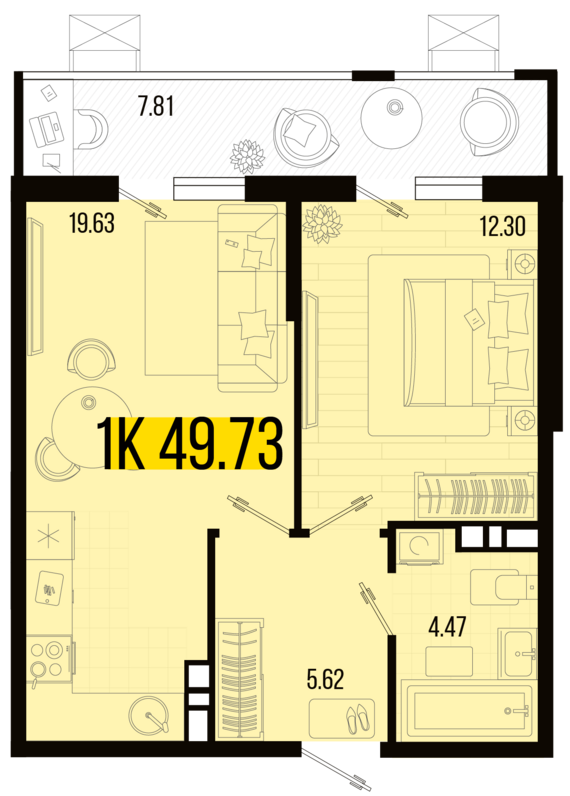 1-комнатная квартира №85 49,73 м2 от застройщика ГК ТОЧНО