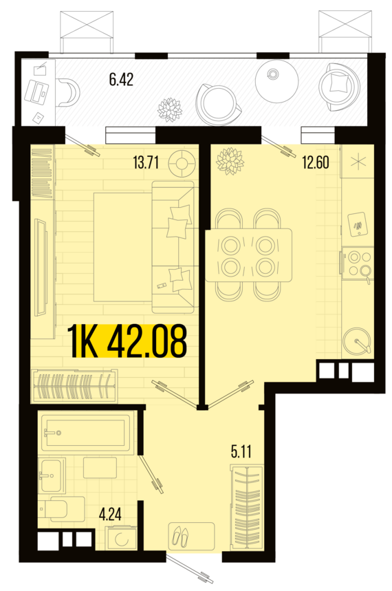 1-комнатная квартира №73 42,08 м2 от застройщика ГК ТОЧНО