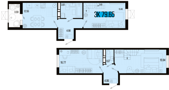 3-комнатная квартира №100 79,65 м2 от застройщика ГК ТОЧНО