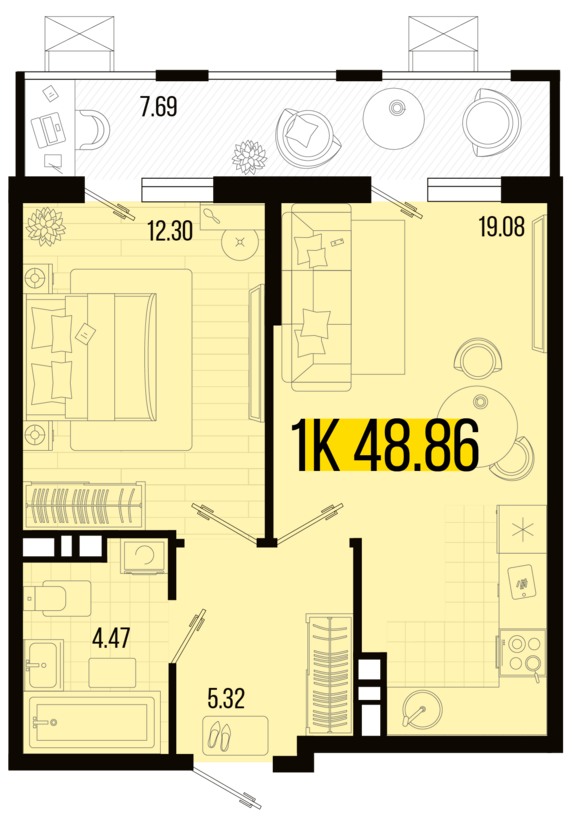 1-комнатная квартира №98 48,86 м2 от застройщика ГК ТОЧНО