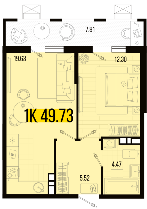 1-комнатная квартира №99 49,73 м2 от застройщика ГК ТОЧНО