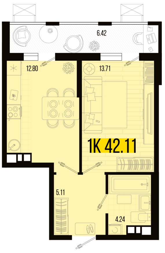 1-комнатная квартира №130 42,11 м2 от застройщика ГК ТОЧНО