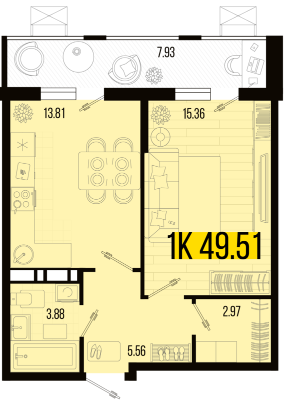 1-комнатная квартира №133 49,51 м2 от застройщика ГК ТОЧНО