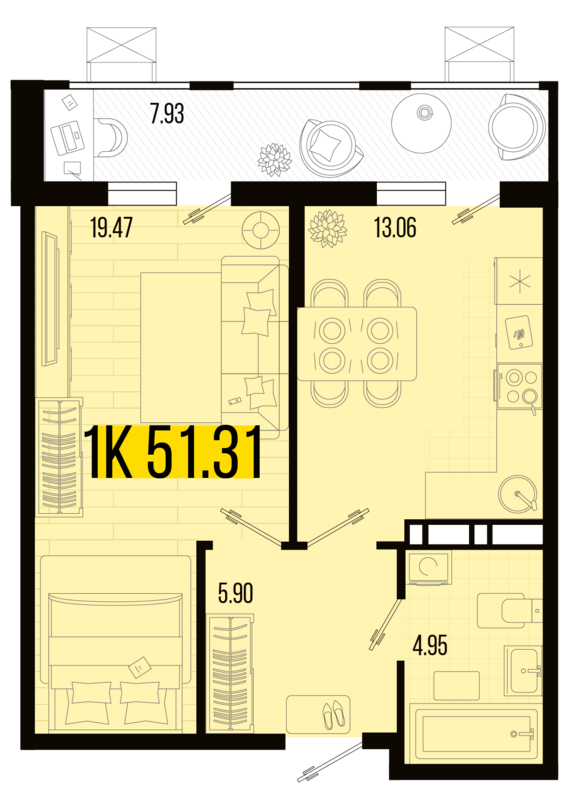 1-комнатная квартира №134 51,31 м2 от застройщика ГК ТОЧНО