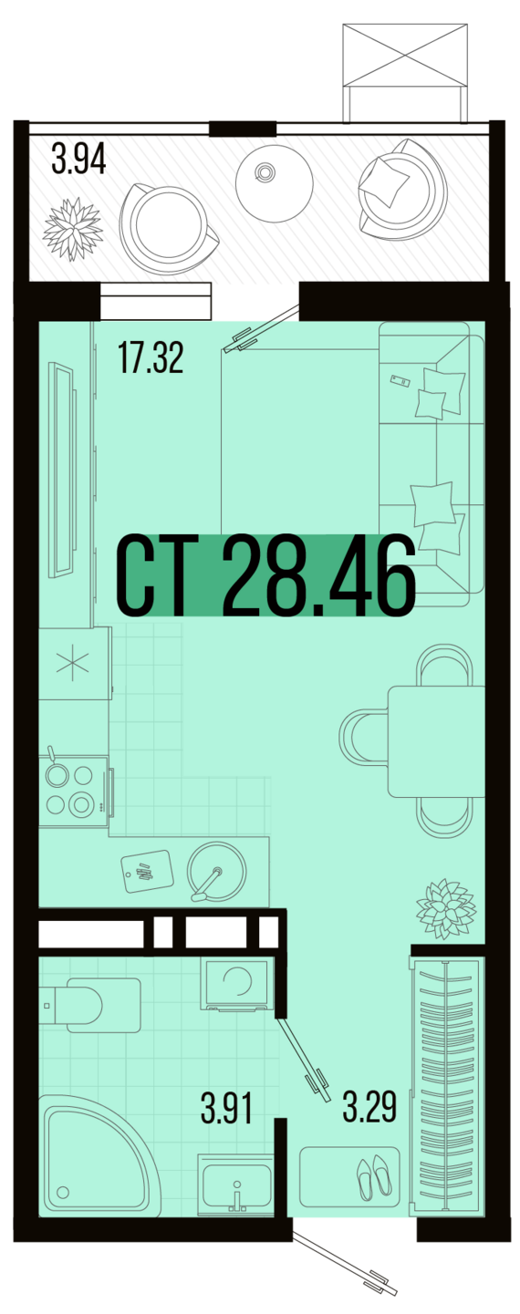 Студия №146 28,46 м2 от застройщика ГК ТОЧНО