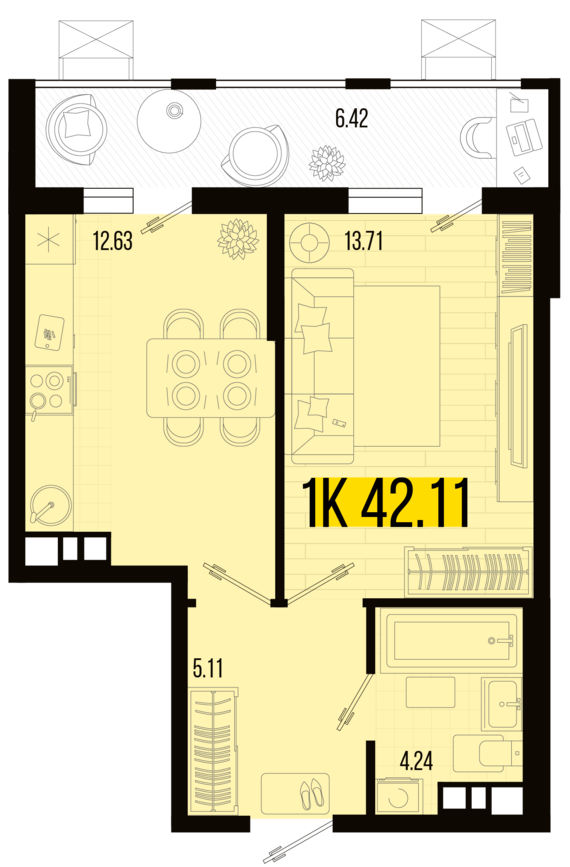 1-комнатная квартира №148 42,11 м2 от застройщика ГК ТОЧНО