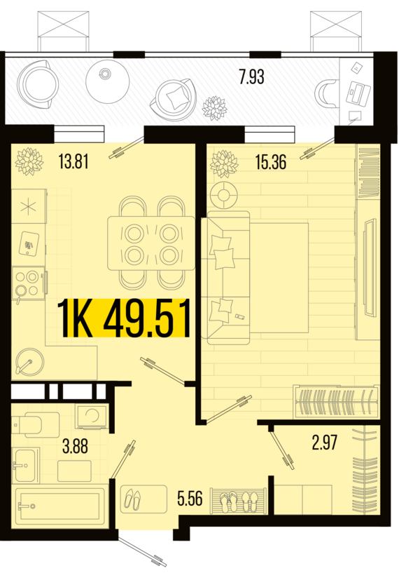 1-комнатная квартира №151 49,51 м2 от застройщика ГК ТОЧНО